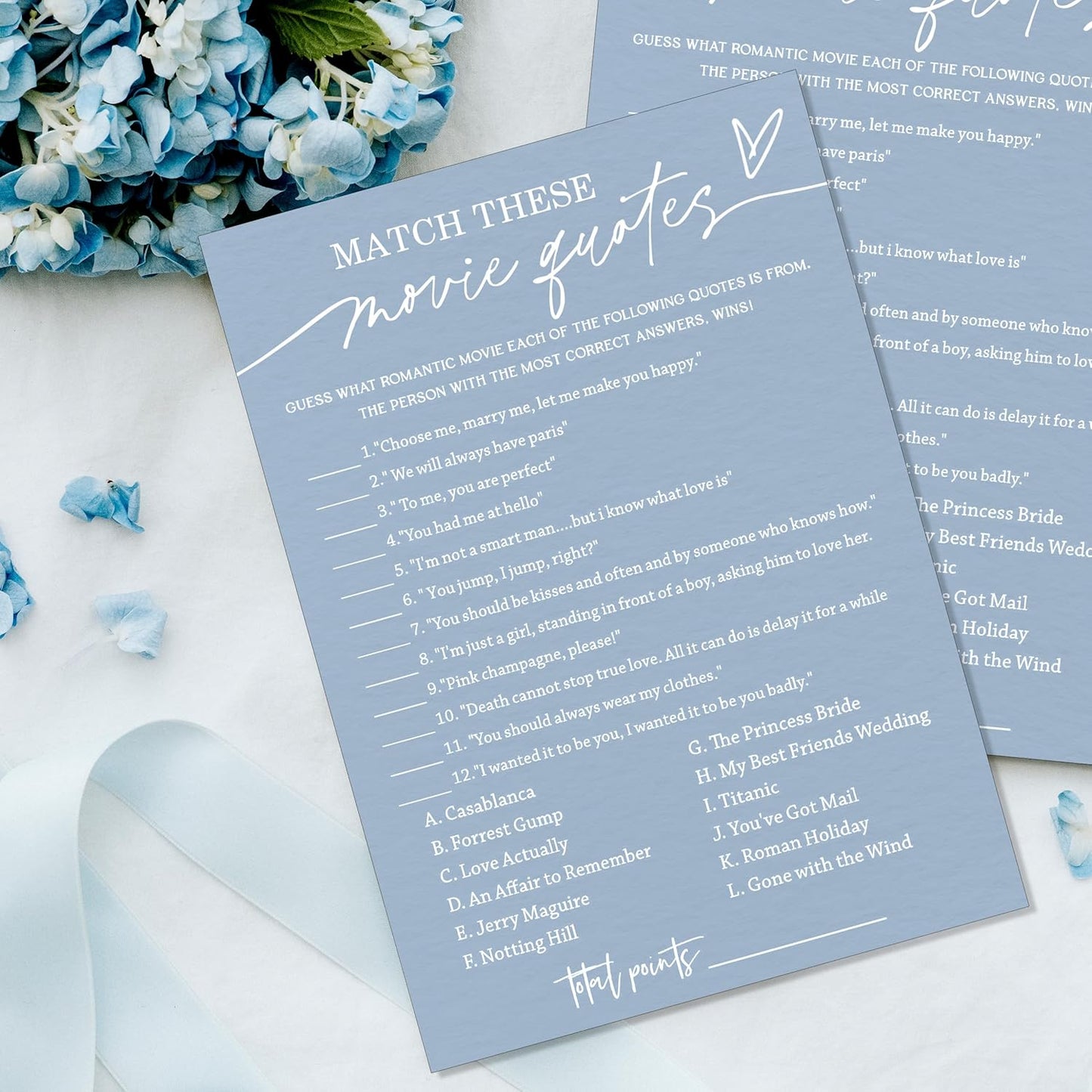 Fun Bridal Shower Games Match These Movie Quotes for Engagement Party Wedding Games 25 Game Cards with 1 Answer Card for 25 Guests Minimalist Blue Wedding Party Entertainment Supplies - B02