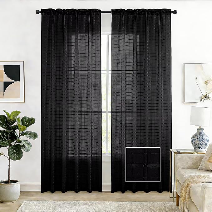 SpaceDresser Check Sheer Curtains 90 Inches Long by SpaceDresser