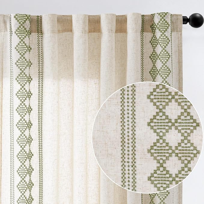 jinchan Floral Linen Curtains Embroidered Back Tab 50x84in 2 Panels Green | - Image 9