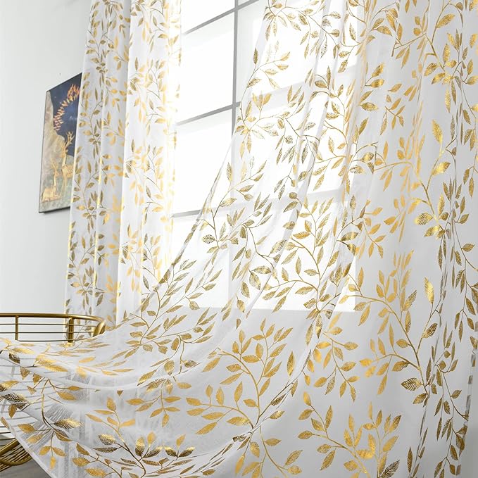 Sutuo Home Sheer Curtains 63 Inch Length 2 Panels, Luxury Gold Foil Print by SutuoHome