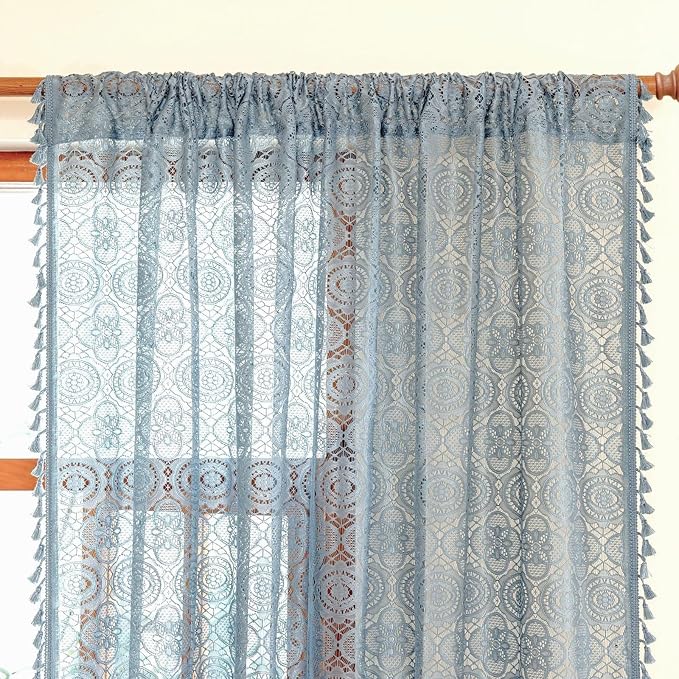 YJ YANJUN Boho Lace Curtains, 59x63 inch, Dusty Blue Sheer Window Panels | Soft - Image 3