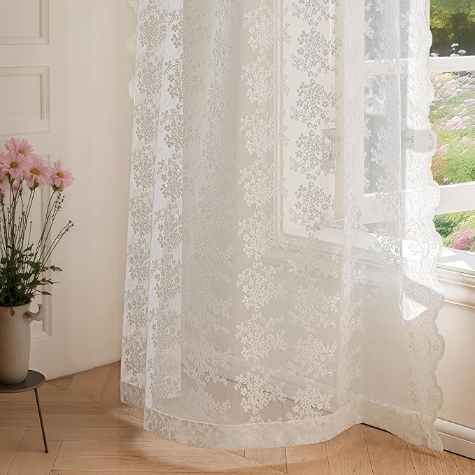 Anmao Vintage White Lace Curtains 63 Inches Long 2 Panels Set, Romantic Elegant - Image 8