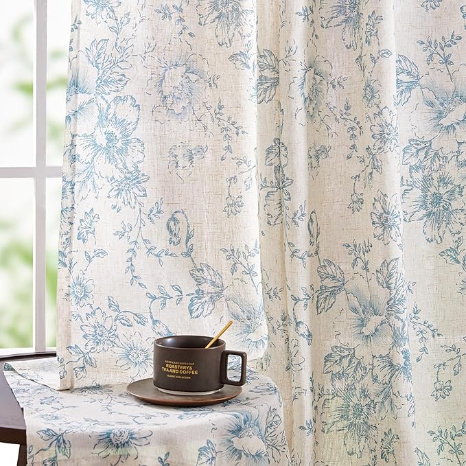 jinchan Blue Floral Linen Curtains 45 Inch Vintage Back Tab 2 Panels | Light by JINCHAN