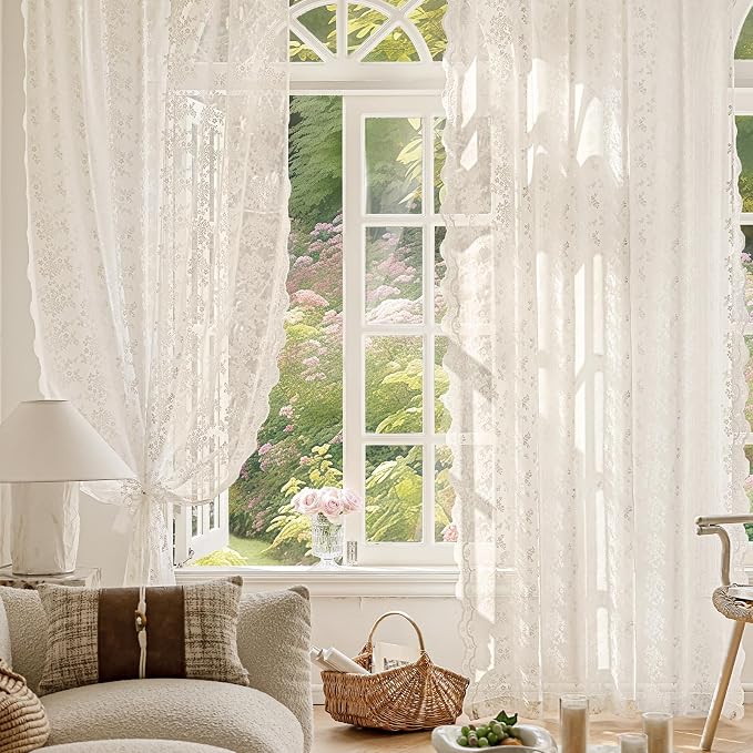 Anmao Vintage Lace Curtains 72 Inches Long 2 Panels Set, Romantic Elegant Light - Image 2