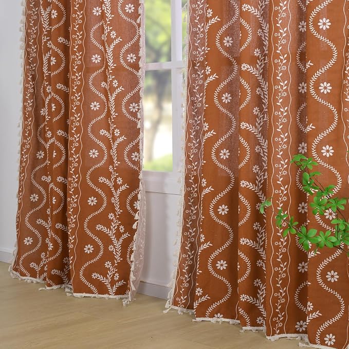 Schweek Boho Curtains for Living Room 72 Inches Long 2 Panels Terracotta | - Image 2