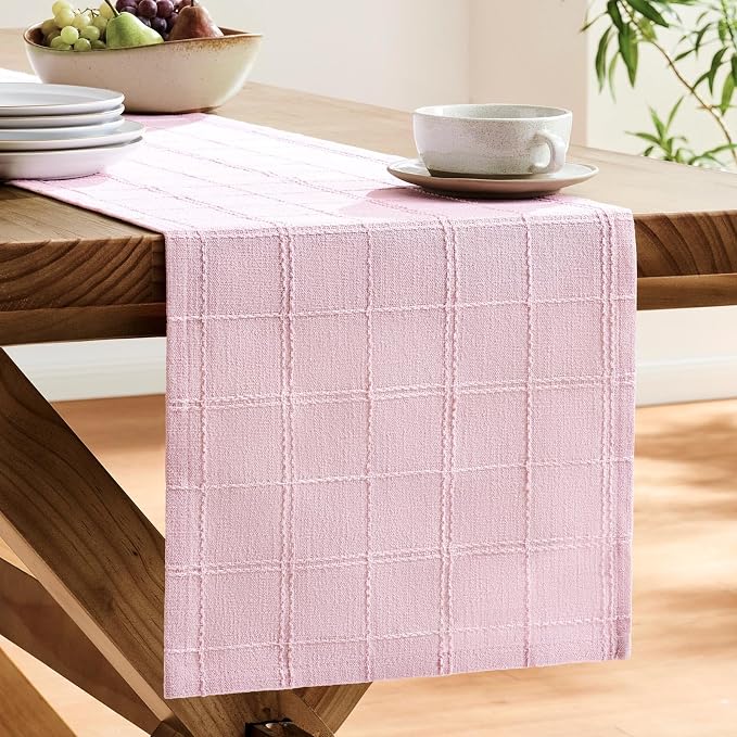 Linen Checked Farmhouse Table Runner, 13x108 Inches Pink | Raised Grid Design - Image 4