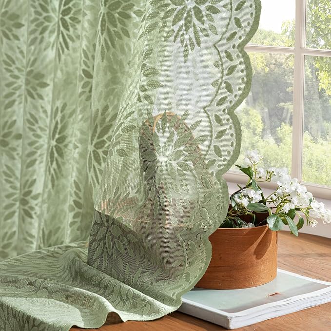 MIULEE Vintage Floral Scalloped Lace Curtains, Sage Green 52" W x 63" L | 2 - Image 4