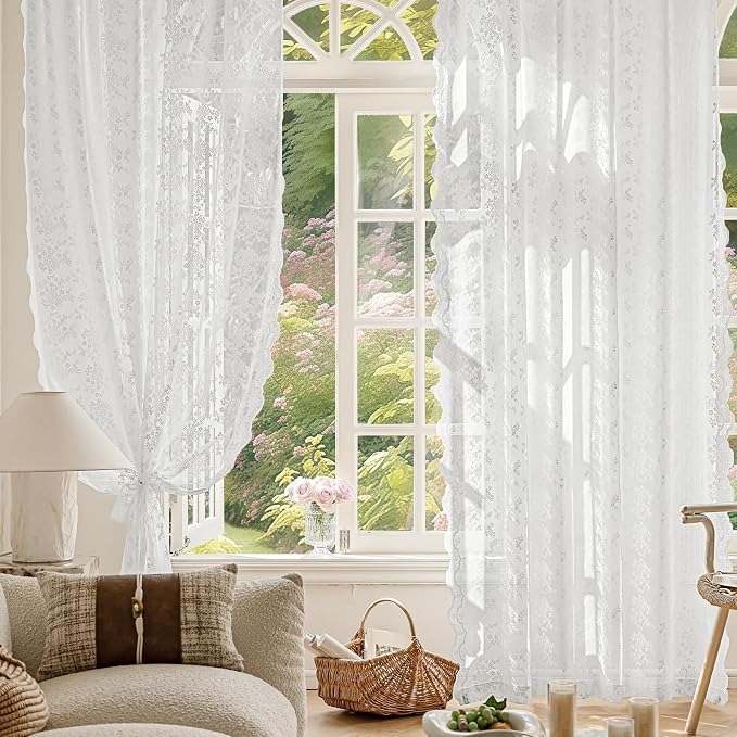 Anmao Vintage Lace Kitchen Curtains 18 Inches Long 2 Panels, Romantic Semi - Image 5