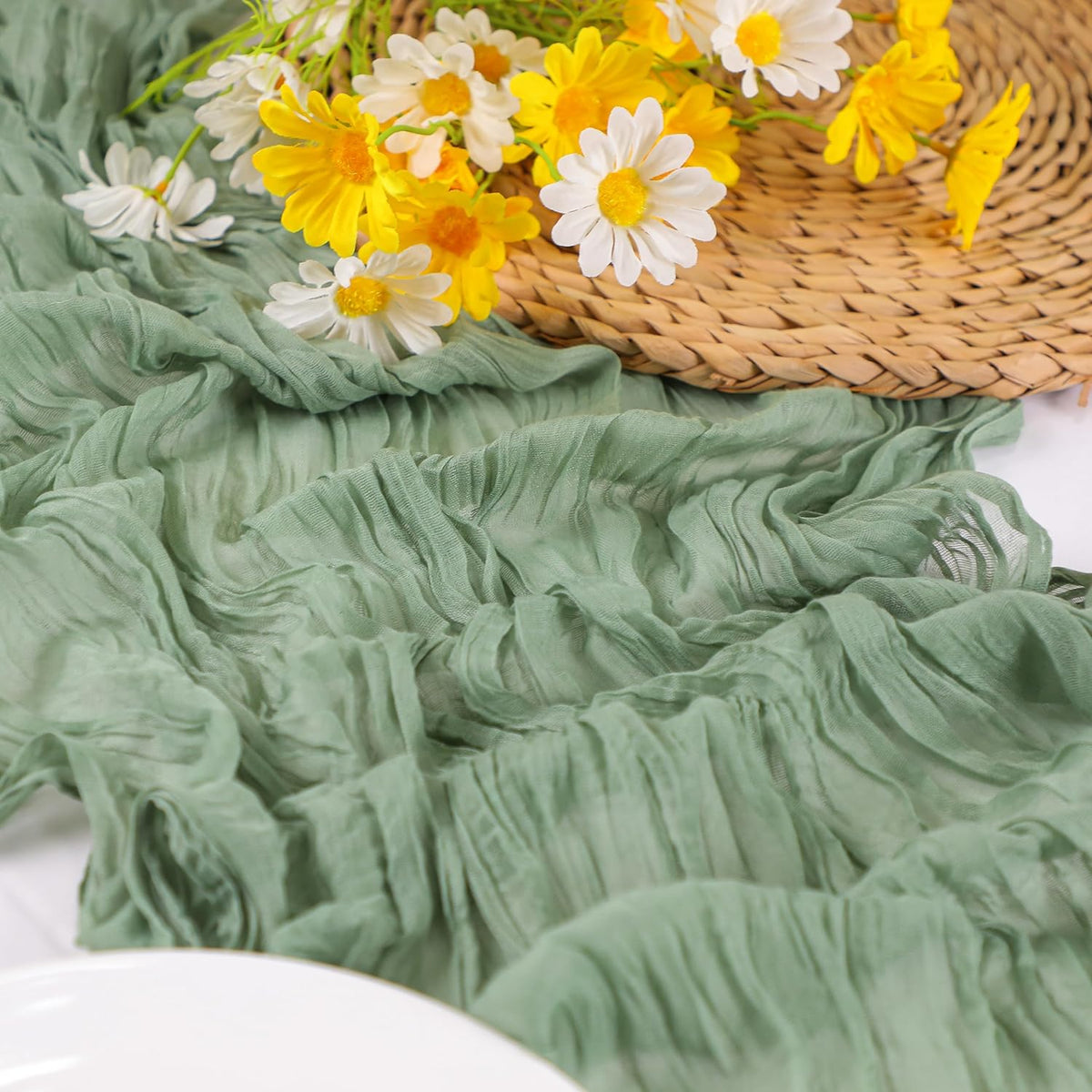 Snowkingdom Sage Green Cheesecloth Table Runner, 160 Inch 13 Ft Rustic Boho Sheer Gauze Cheese Cloth Runner for Wedding Bridal Baby Shower Birthday Home Party Table Centerpiece Deocrations