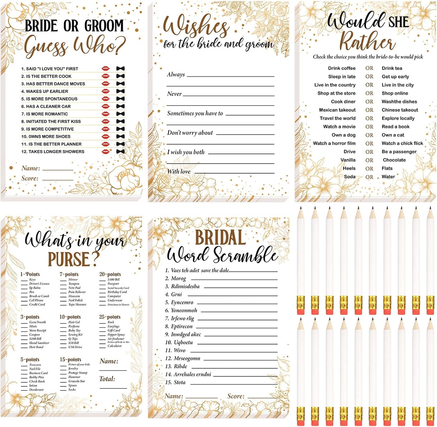 Teling 145 Pieces Bridal Shower Game Bridal Shower Favors Set Wedding Games Cards and Pencils for Bride Groom Bachelorette Party Wedding Party Favor(Golden Flower Style)
