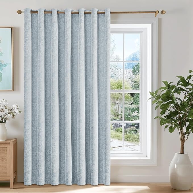 Beauoop Blue Floral Jacquard Blackout Sliding Door Curtains 100x84 1 Set | by Beauoop
