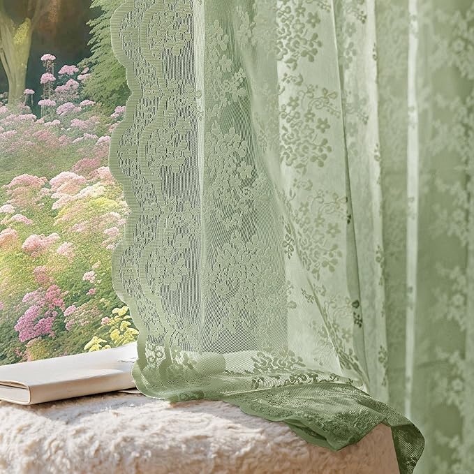 Anmao Vintage Sage Green Lace Curtains 54 Inches Long 2 Panels Sets, Romantic by Anmao
