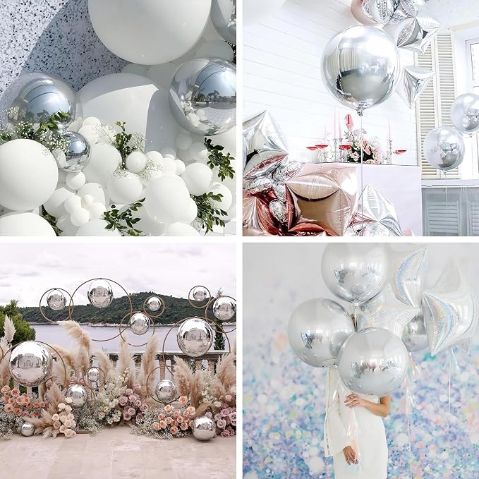 PartyWoo Metallic Silver Large Round Giant Foil 4D Balloons 3pcs 50 Inch | 50 - Image 6
