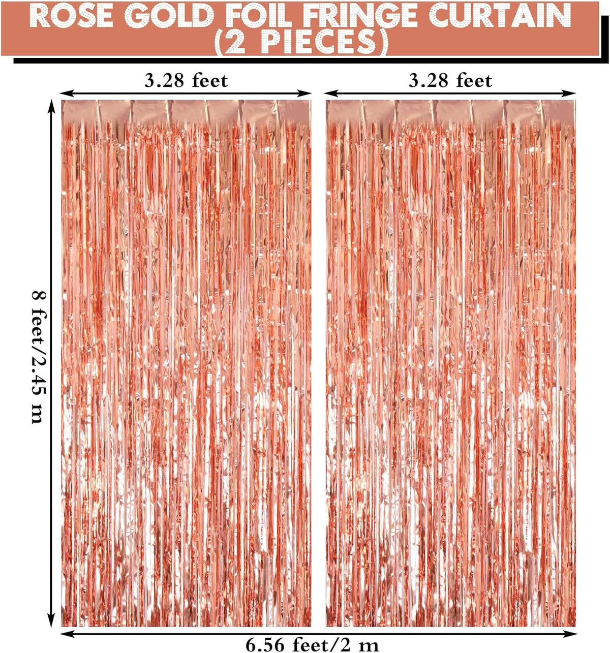 2 Pack Rose Gold Fringe Curtains Foil Shiny Fringe Backdrop Tinsel Door Streamers Foil Curtains for Birthday Wedding Engagement Bridal Shower Celebration Party Decorations Large