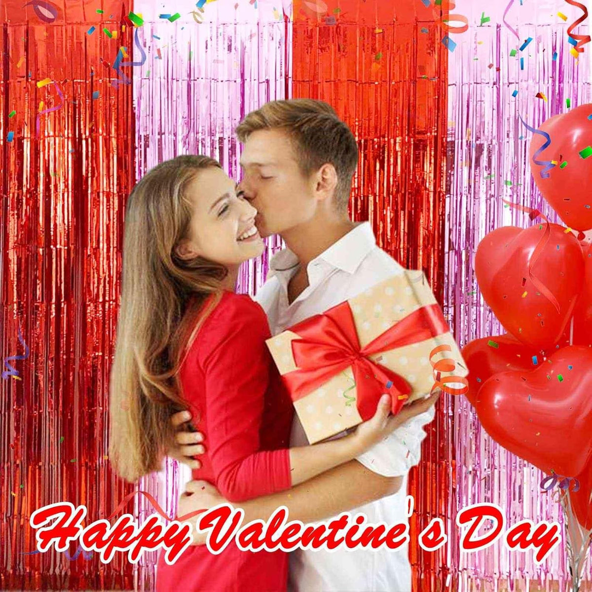 Valentines Backdrop Decorations - 4 Pack of 3.2x8.2ft Red Pink Foil Fringe Curtains Streamers Backdrop for Birthday Valentines Decor