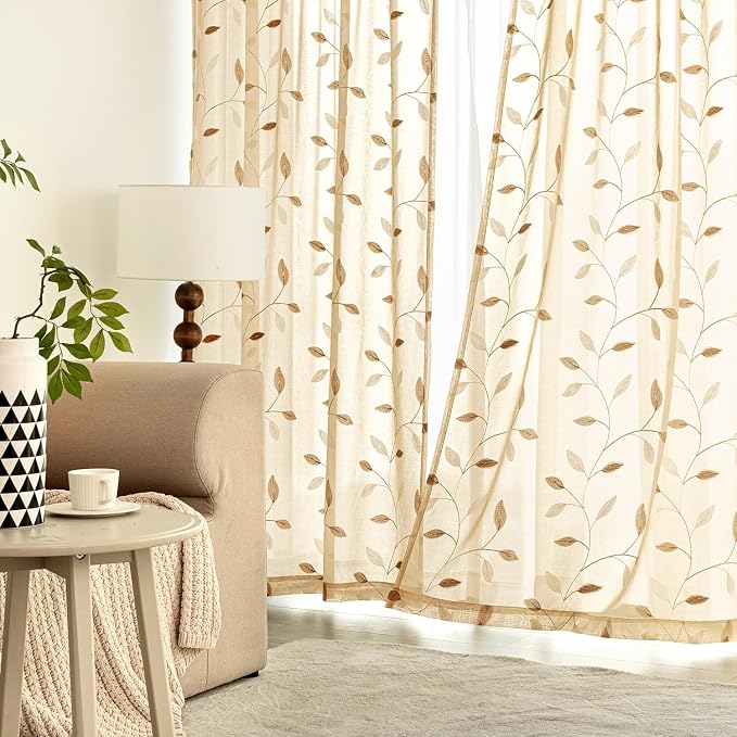 MIULEE Khaki Sheer Curtains 2 Panels Embroidered Leaf Patterned, W52 x L63 | - Image 3