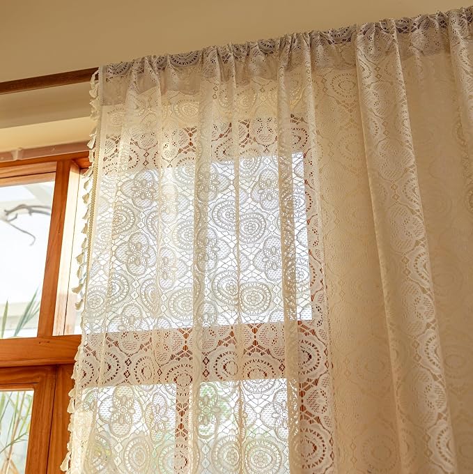 YJ YANJUN Boho Lace Curtains 80 inches Long 2 Panels -Vintage Floral Crochet - Image 2