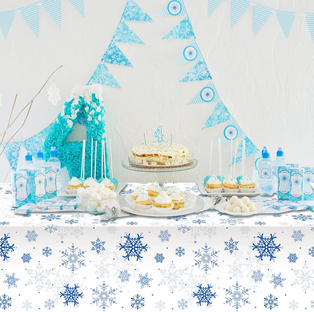 8 Pieces Snowflake Christmas Party Tablecloth Decorations,Plastic White Snowflake White Blue Xmas Backdrop Sign Table Cover Banner for Winter Christmas Holiday Party Supplies,54x108 inch（White/Blue）