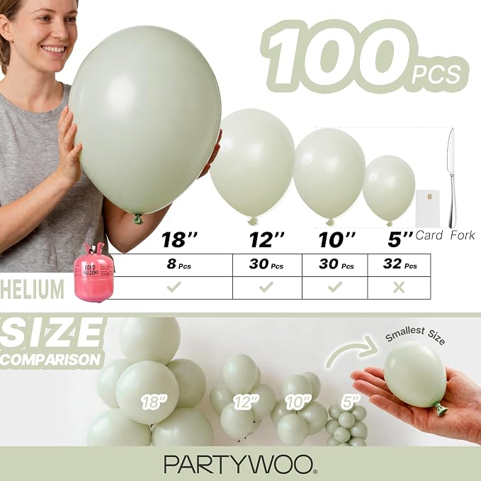 PartyWoo Sage Green Balloons 100pcs Dusty Boho Green Color 18 12 10 5 Inch | - Image 6