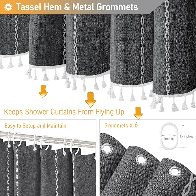 Small Boho Linen Heavy Duty Cloth Shower Curtain, Charcoal Grey | Stall Size - Image 5