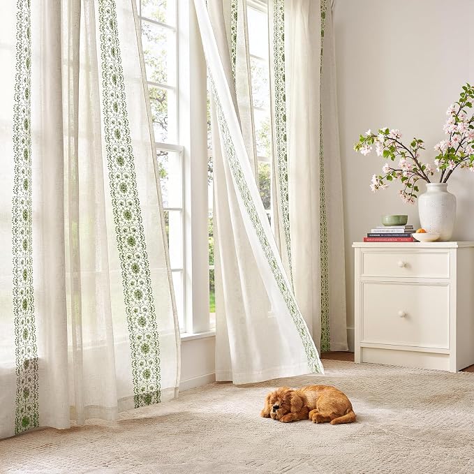 jinchan Floral Linen Curtains Embroidered Back Tab 50x108in 2 Panels Sage | - Image 8