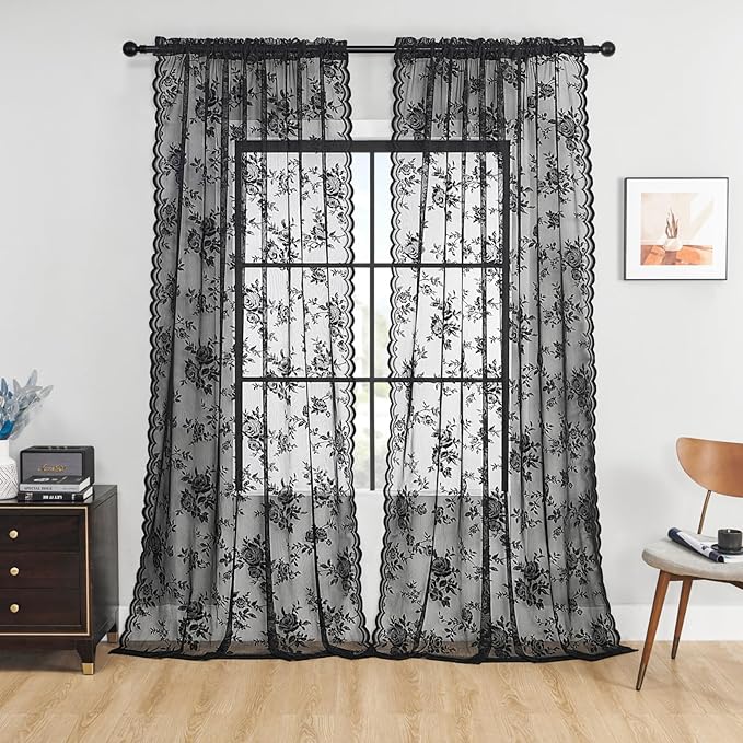 Black Lace Curtains 108 Inches Long Gothic Floral Sheer Curtains by SEEKRIGHTHomeDecor