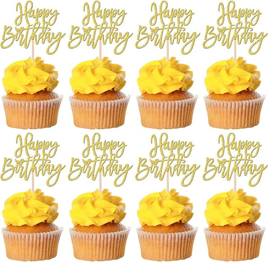 24 PCS Happy Birthday Cupcake Toppers Glitter Picks by ZHUOWEISM