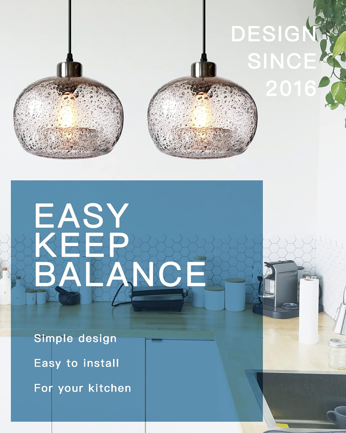CASAMOTION Pendant Lighting Handblown Glass Drop Ceiling Lights, Modern Rustic Hanging Light Clear Seeded Glass with Black Sand Powder, Brushed Nickel Finish 8.7 Inch Diameter