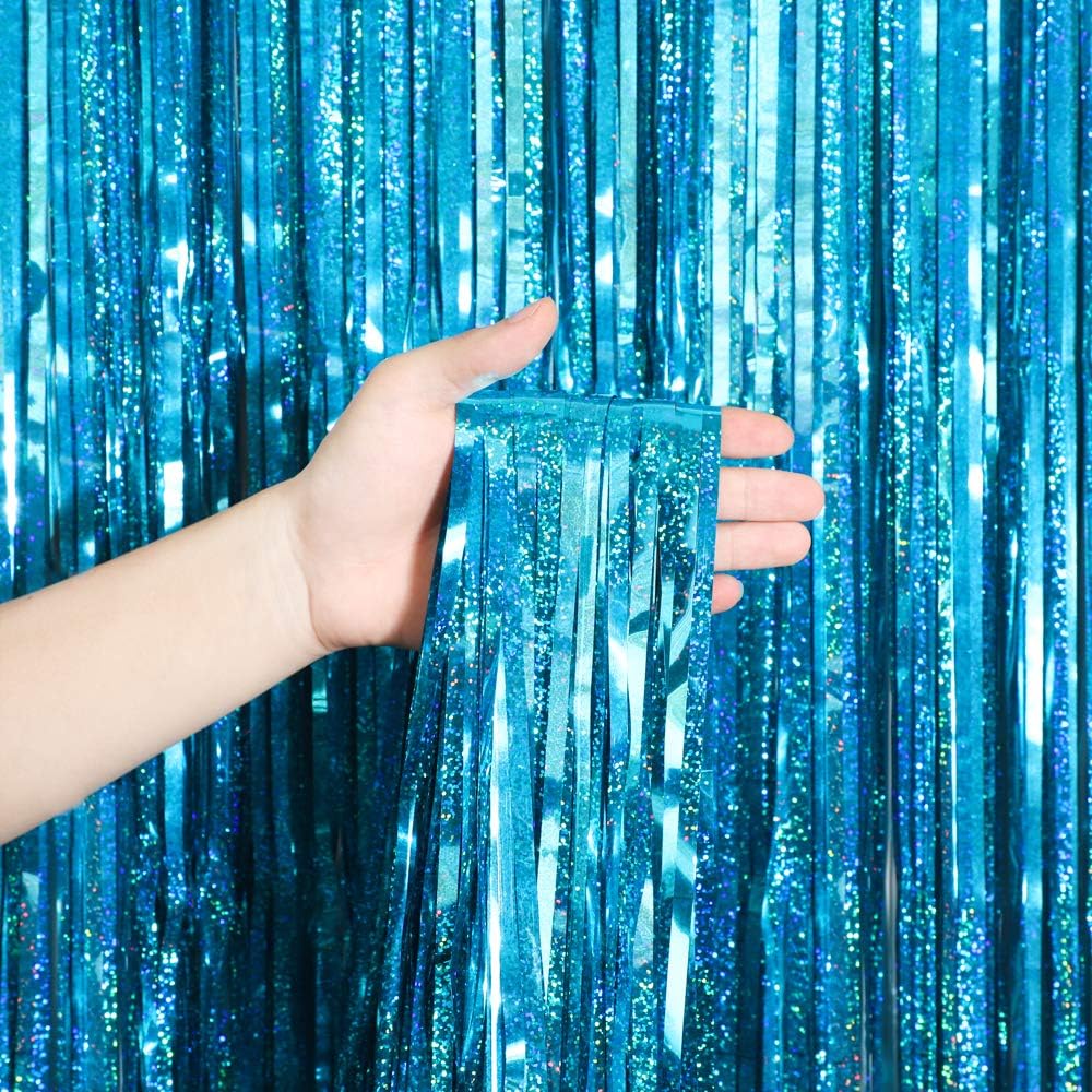 Foil Fringe Curtains Party Decorations - Melsan 3 Pack 3.2 x 8.2 ft Tinsel Curtain Party Photo Backdrop for Birthday Party Baby Shower or Graduation Decorations April fool's Day Decorations Teal