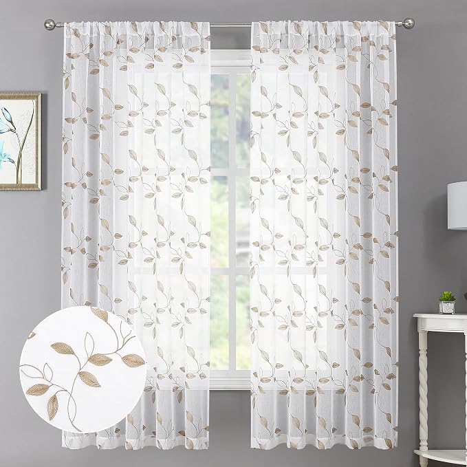 Tollpiz Taupe Leaf Sheer Curtains Living Room Short 54 x 45 Inches | Leaves by Tollpiz