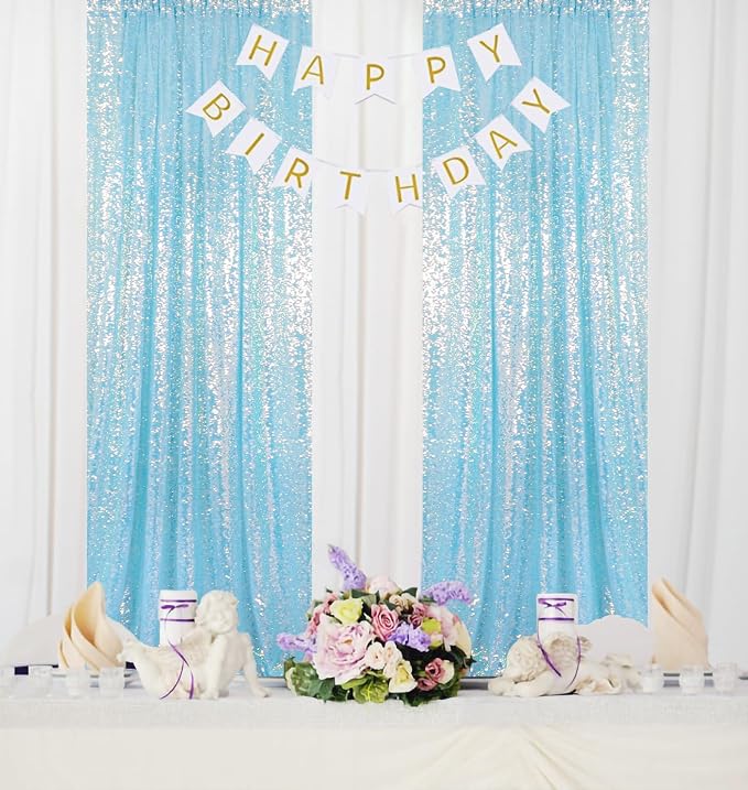 ShinyBeauty 4FTx8FT Iridescent Aqua Sequin Photo Backdrop | Glitter Fabric - Image 2