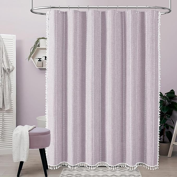 Lavender Cream Boho Farmhouse Linen Heavy Duty Shower Curtain, 72x72 | 330GSM - Image 2