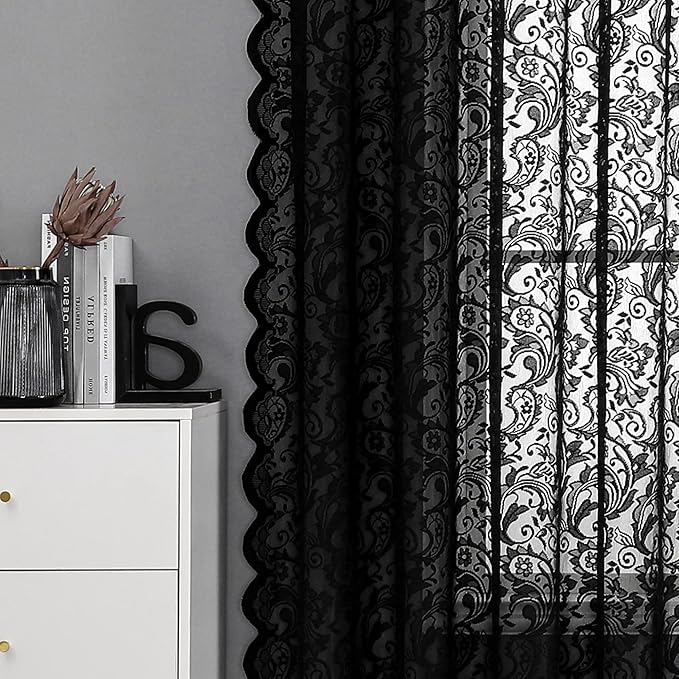 Bujasso Black Sheer Lace Curtains 84 inch Vintage Floral Sheer Window Curtain - Image 5