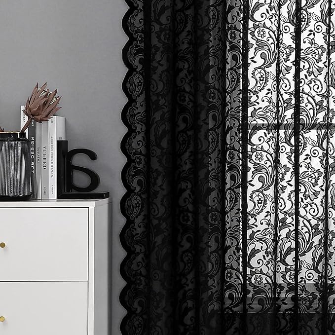 Bujasso Black Sheer Lace Curtains 54 inch Vintage Floral Short Curtain Panels - Image 5