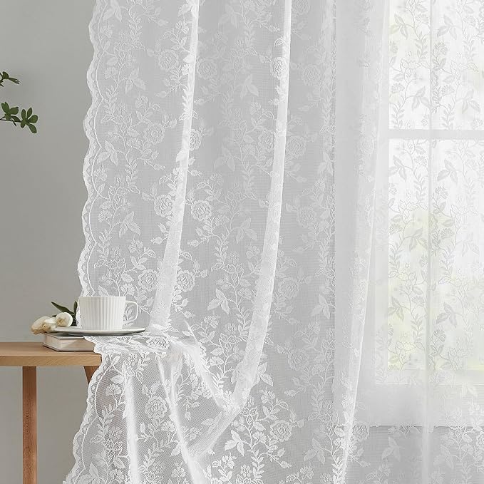 FINECITY White Lace Curtains for Bedroom Rustic Floral 42x63 Inch, 2 Panels | - Image 5