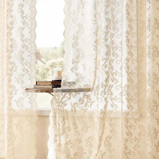Beige Lace Vintage Paisley Floral Curtains - Image 4
