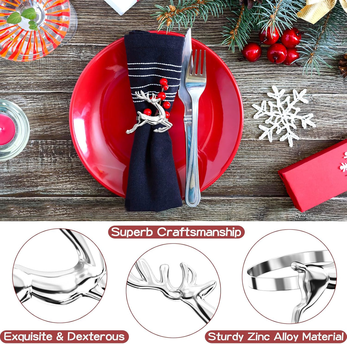ZeeDix Silver Reindeer Christmas Napkin Rings Set of 24, Napkin Holder Ring for Christmas Dinner Table Decor Cloth Napkins, Wedding Receptions, Holiday Party, Banquet and Home Kitchen