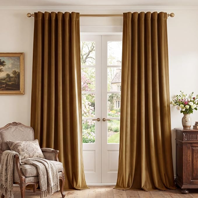 Gold Brown Velvet Curtains Bedroom Extra Long, 2 Panels | 300GSM Soft Velvet by StangH