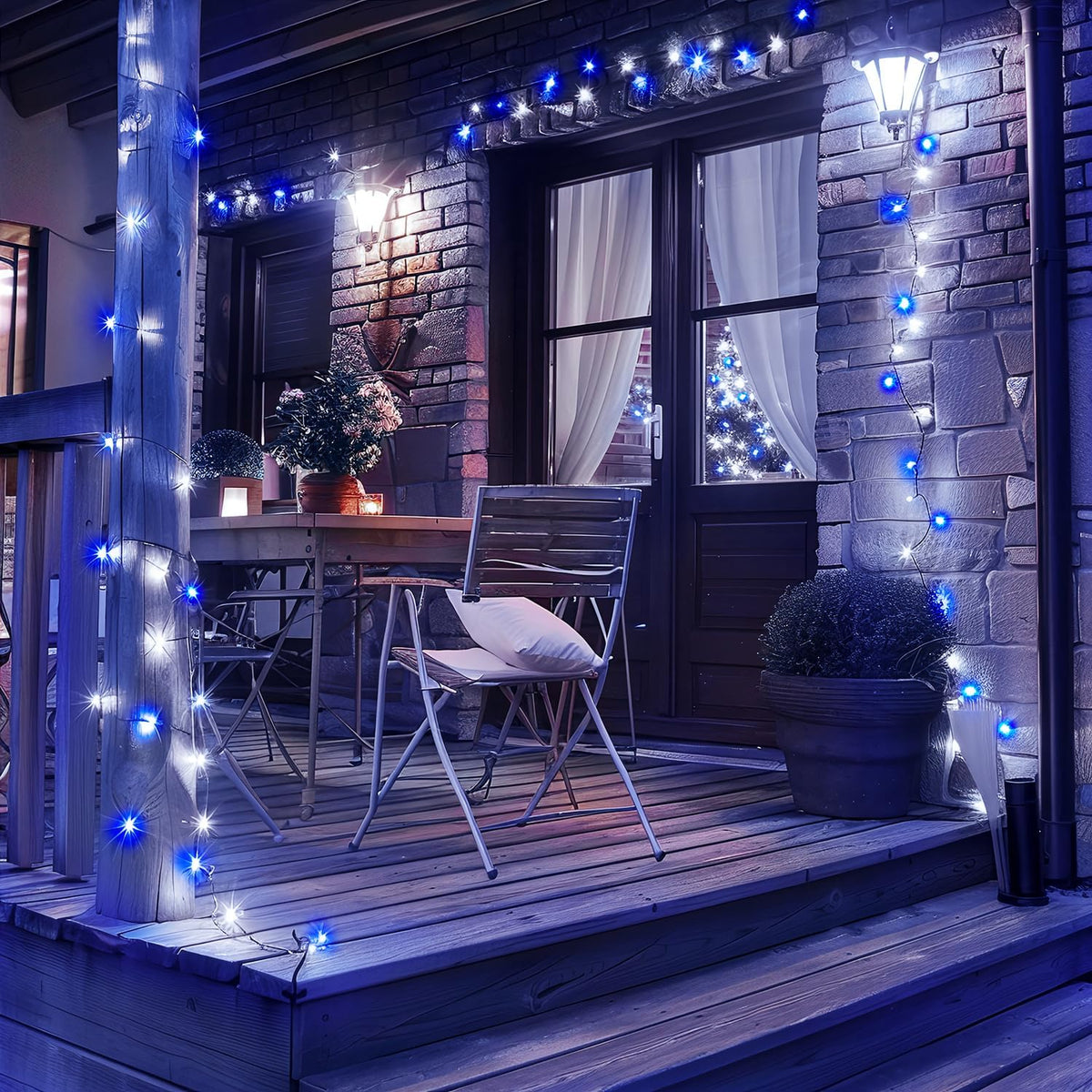 JMEXSUSS 2 Pack Blue & White Solar String Lights, Each 100 LED 33ft, Waterproof, 8 Modes for Outside Garden Patio Party Decoration
