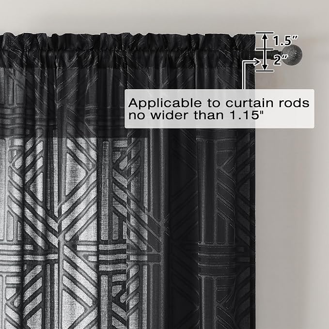Simplebrand Black Semi Sheer Curtains 54 Inch Length 2 Panels, Geometric - Image 4