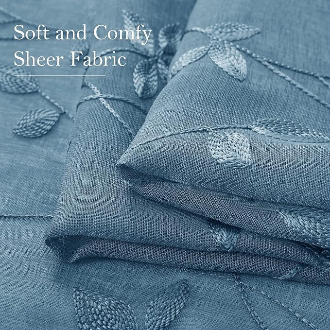 HOMEIDEAS Cyan Blue Sheer Curtains 2 Panels, Embroidered Vine Leaf, W52xL63 | - Image 4