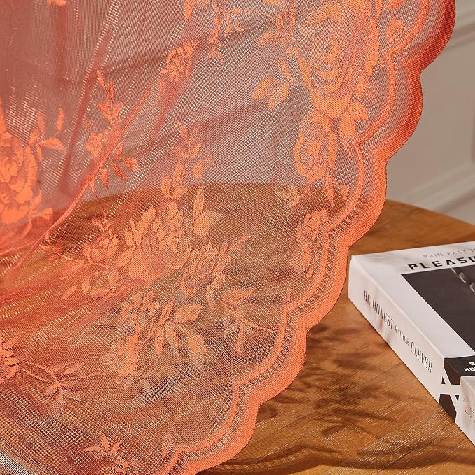 Terracotta Lace Curtains 90 Inches Long Rust Country Floral Sheer Curtains - Image 6