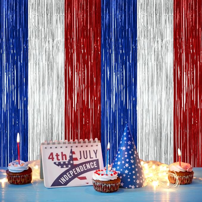 ZATAYE 8 Pack Blue Silver Red Foil Curtain Streamer Decorations | Blue Silver - Image 5
