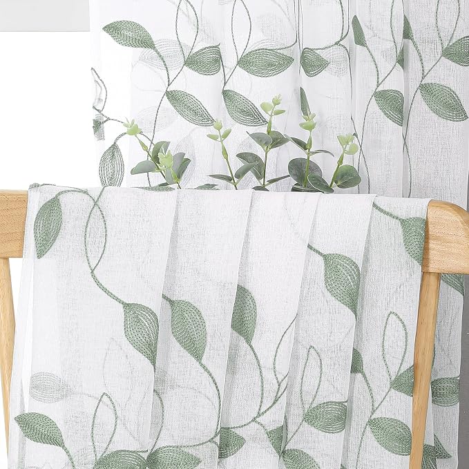 Tollpiz Sage Green Leaf Sheer Curtains Living Room Short 54 x 45 Inches | - Image 6