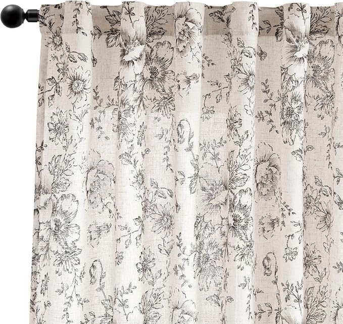 jinchan Black Floral Linen Curtains 102 Inch Farmhouse Back Tab 2 Panels | - Image 8