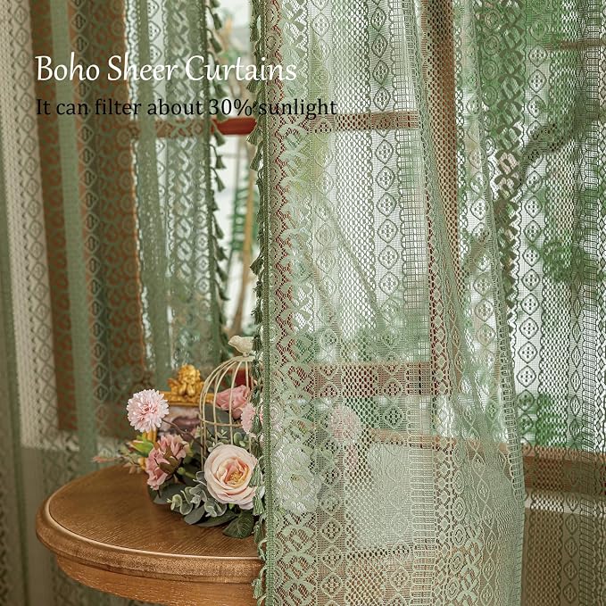 Sutuo Home Olive Green Boho Sheer Curtains 72 Inches Long - Image 2