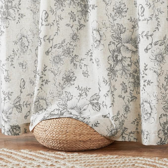 jinchan Grey Floral Linen Curtains 90 Inch Vintage Back Tab 2 Panels | Light - Image 7