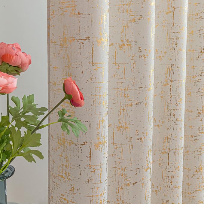 Taisier Home Gold Foil Print Linen Textured Curtains Geometric Dots Pattern by TaisierHome