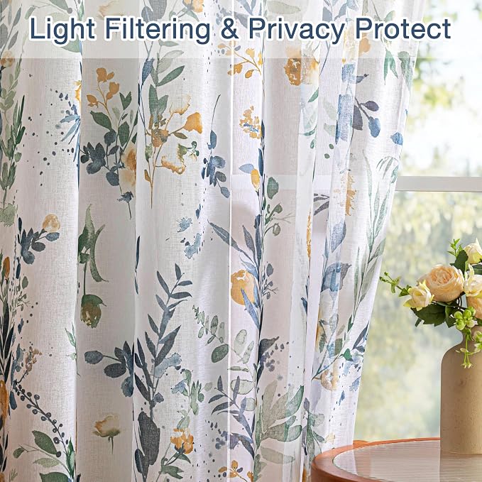 MYSKY HOME Yellow and Blue Sheer Floral Curtains 102 Inch Length 2 Panels | - Image 9