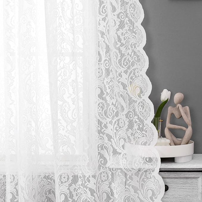 Bujasso White Lace Sheer Curtains 108 inch Vintage Floral Sheer Window Curtain by Bujasso